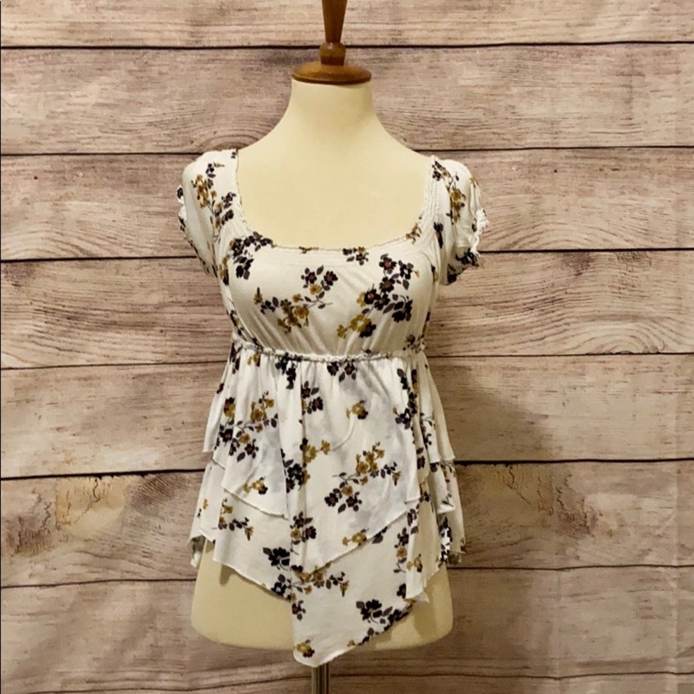 Free People White Floral Puff Sleeve Blouse